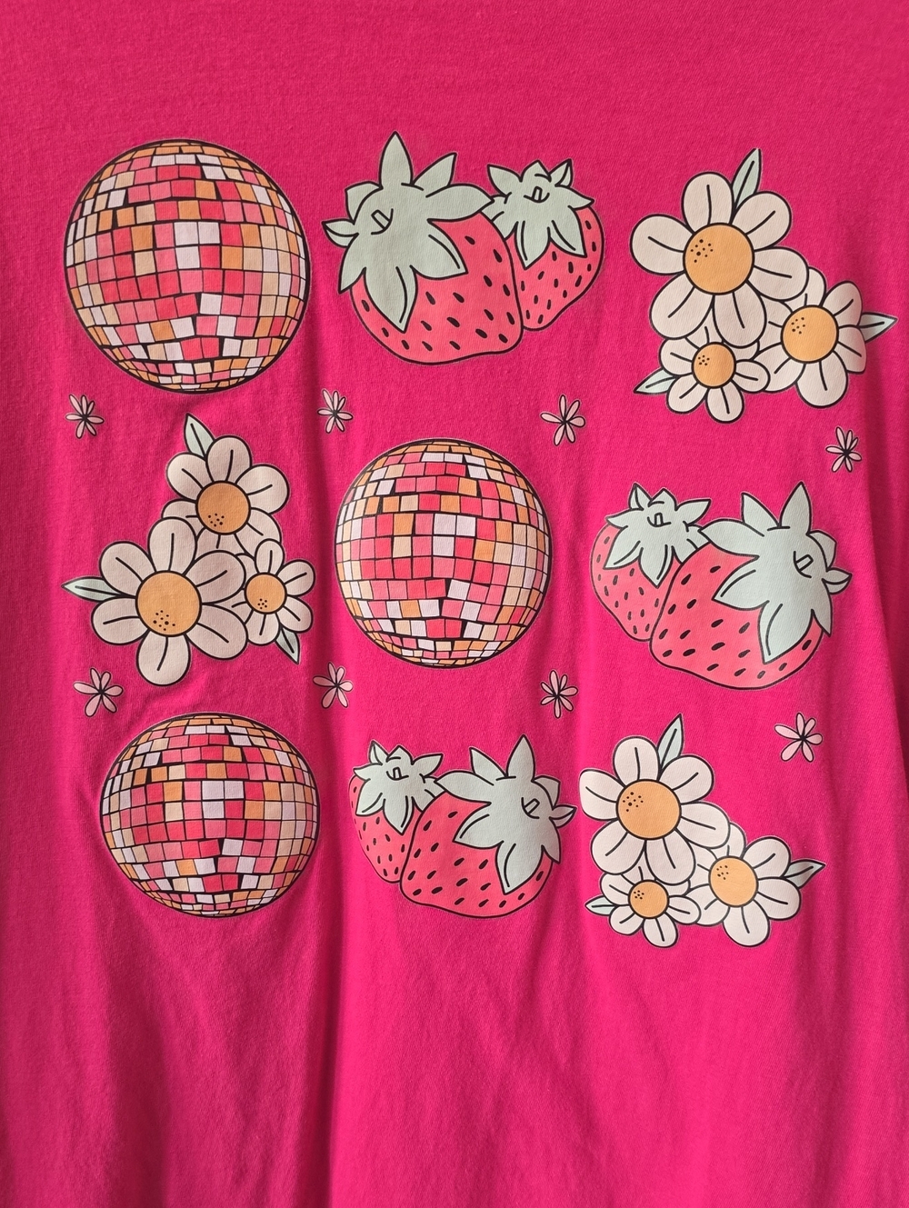 Bright Pink Graphic Tee with Strawberries & Daisies